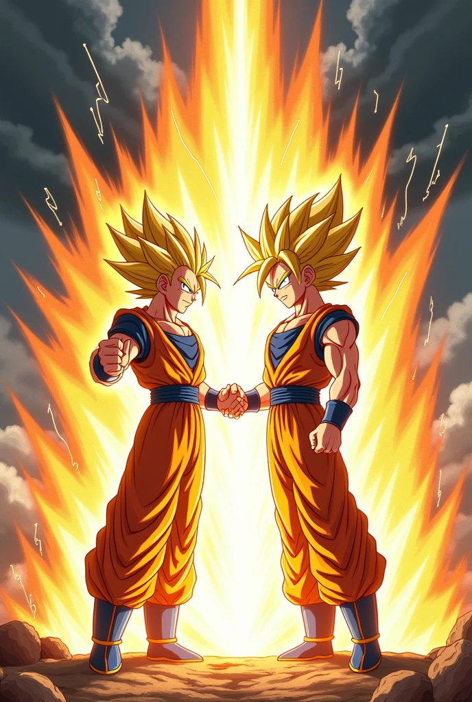 Gohan and Goten from the Dragon Ball movie Broly transformed into Super Saiyans releasing Kamehameha, art in dragon ball z style