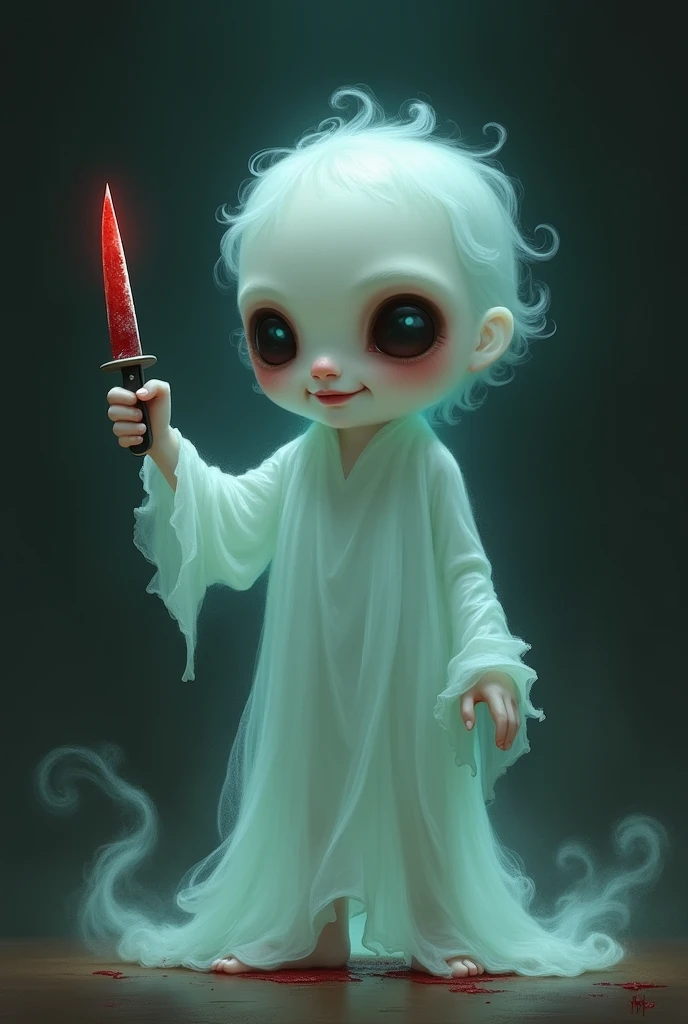  cute and a lil bit scary  man ghost with a small knife with blood 