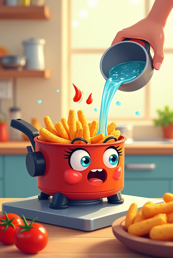 adding water to a fryer that has tomato sauce but in a cute cartoon
