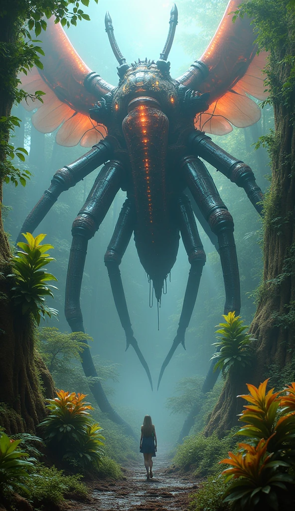 circuitrytech towering insectoid monstrosity, Enchanted groves alive with sentient flora,, great lighting, Ambient occlusion, ral-colorswirl, sharp focus, glowing, scifi godrays, trending on ArtStation, masterpiece, by Greg Rutkowski, by Ross Tran, by Fenghua Zhong, octane, soft render, oil on canvas, colorful, cinematic, environmental concept art
