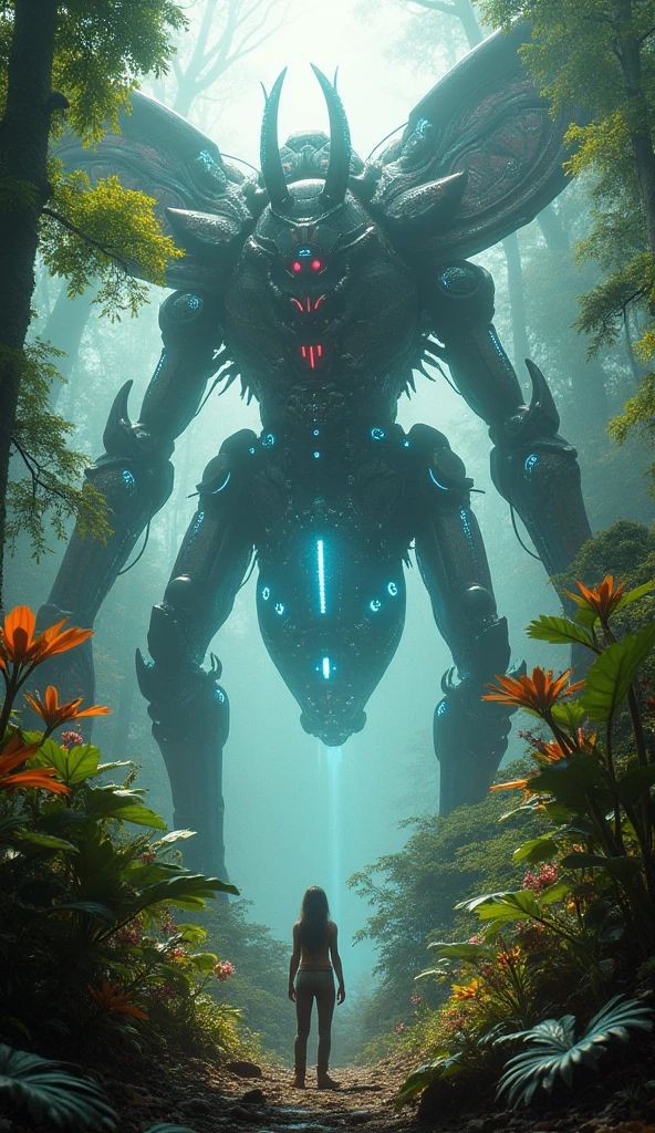 circuitrytech towering insectoid monstrosity, Enchanted groves alive with sentient flora,, great lighting, Ambient occlusion, ral-colorswirl, sharp focus, glowing, scifi godrays, trending on ArtStation, masterpiece, by Greg Rutkowski, by Ross Tran, by Fenghua Zhong, octane, soft render, oil on canvas, colorful, cinematic, environmental concept art