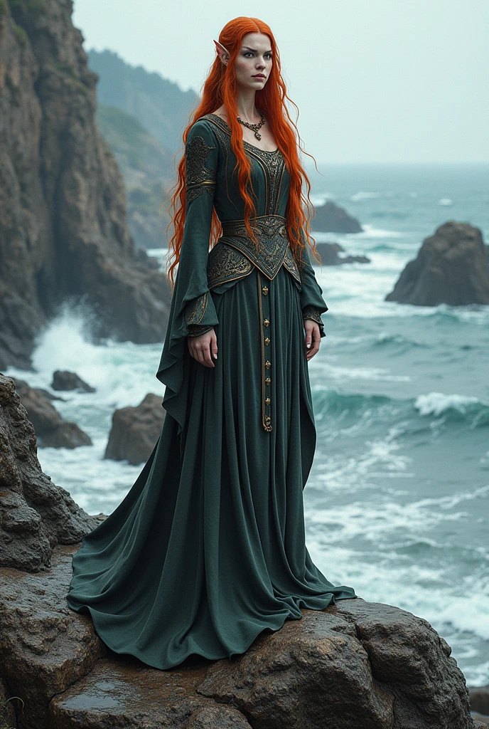 a Nordic red haired elven goddess standing on a rocky shore