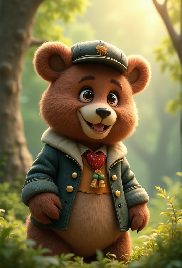 Generate ultra-high-definition images of chic bears,Highlight the intricate details of bear fur,and expressive eyes.A cute little bear，Wear as a teacher，With a hat on，ssmile，Cute action，foreshortening, Depth of field, Masterpiece, Best quality,ln the forest，Illuminated by soft, Dreamy volumetric lighting. hyper realisitc. perfectquality, Clear focus