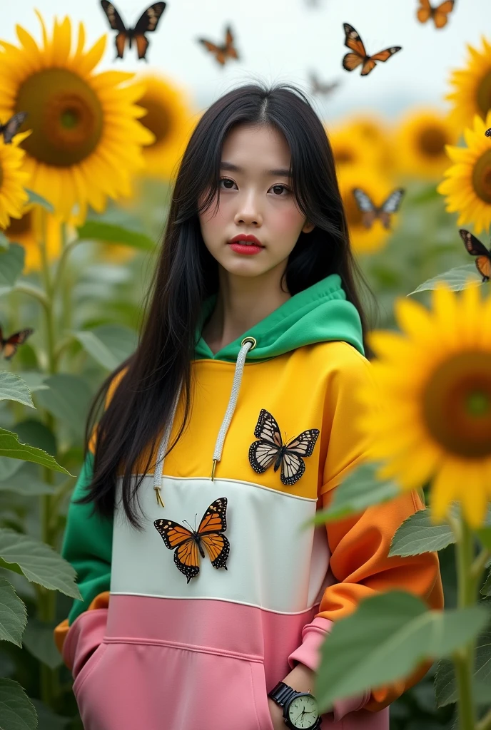 Beautiful Korean girl, smooth white skin, well-groomed face, long straight black hair, posing in the middle of a very fertile and beautiful sunflower field blooming, lots of butterflies flying around, five colors in one hoodie, yellow, green, pink, white, orange, decorated with butterfly motifs, cool watch, original photo