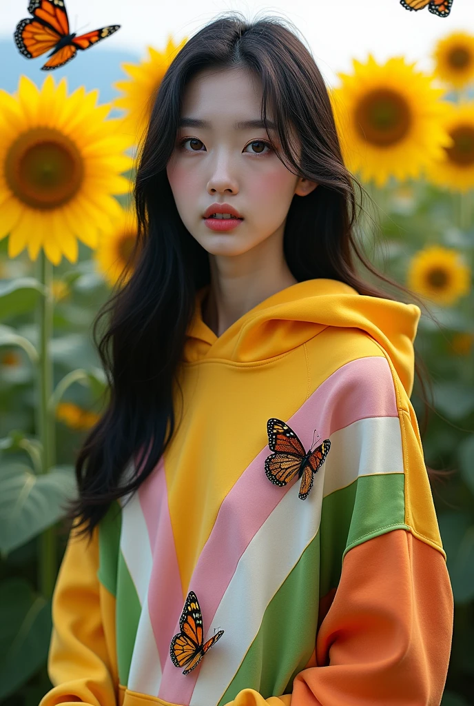 Beautiful Korean girl, smooth white skin, well-groomed face, long straight black hair, posing in the middle of a very fertile and beautiful sunflower field blooming, lots of butterflies flying around, five colors in one hoodie, yellow, green, pink, white, orange, decorated with butterfly motifs, cool watch, original photo
