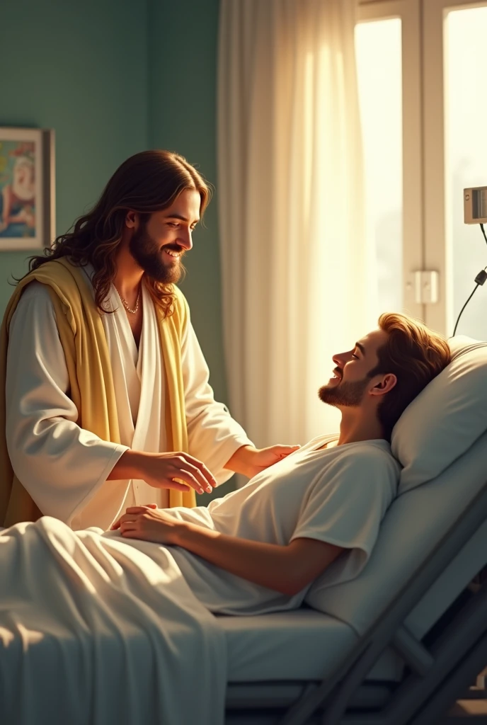 A serene and comforting scene of Jesus visiting a person in a hospital. Jesus is depicted with a gentle, compassionate expression, wearing traditional robes and a soft glow surrounding Him, indicating His divine presence. The patient is lying in a modern hospital bed, connected to medical equipment, with a peaceful look on their face, feeling comforted by the presence of Jesus. The room is softly lit, with some medical equipment in the background, and a window showing a glimpse of a sunny day outside.