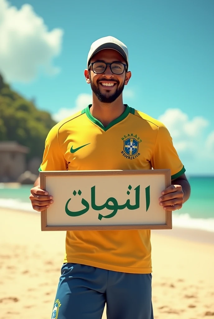 a 30 year old Brazilian, with cap and short beard, with a Brazilian national team shirt and shorts, at beach, with prescription glasses, smiling and with a sign written in Arabic: Shahad I love you.
The sign message must be visible