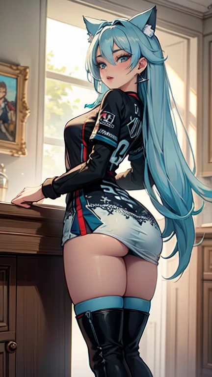 Masterpiece, beautiful art, professional artist, 8k, art style by sciamano240, very detailed face, very detailed hair, 1girl, perfectly drawn body, beautiful face, long hair, light blue hair , very detailed blue vertical cat eyes, pouty lips , rosey cheeks, intricate details in eyes, black tigh boots, earrings, simply wearing a nhl hockey jersey, modern home setting, standing, rear view,