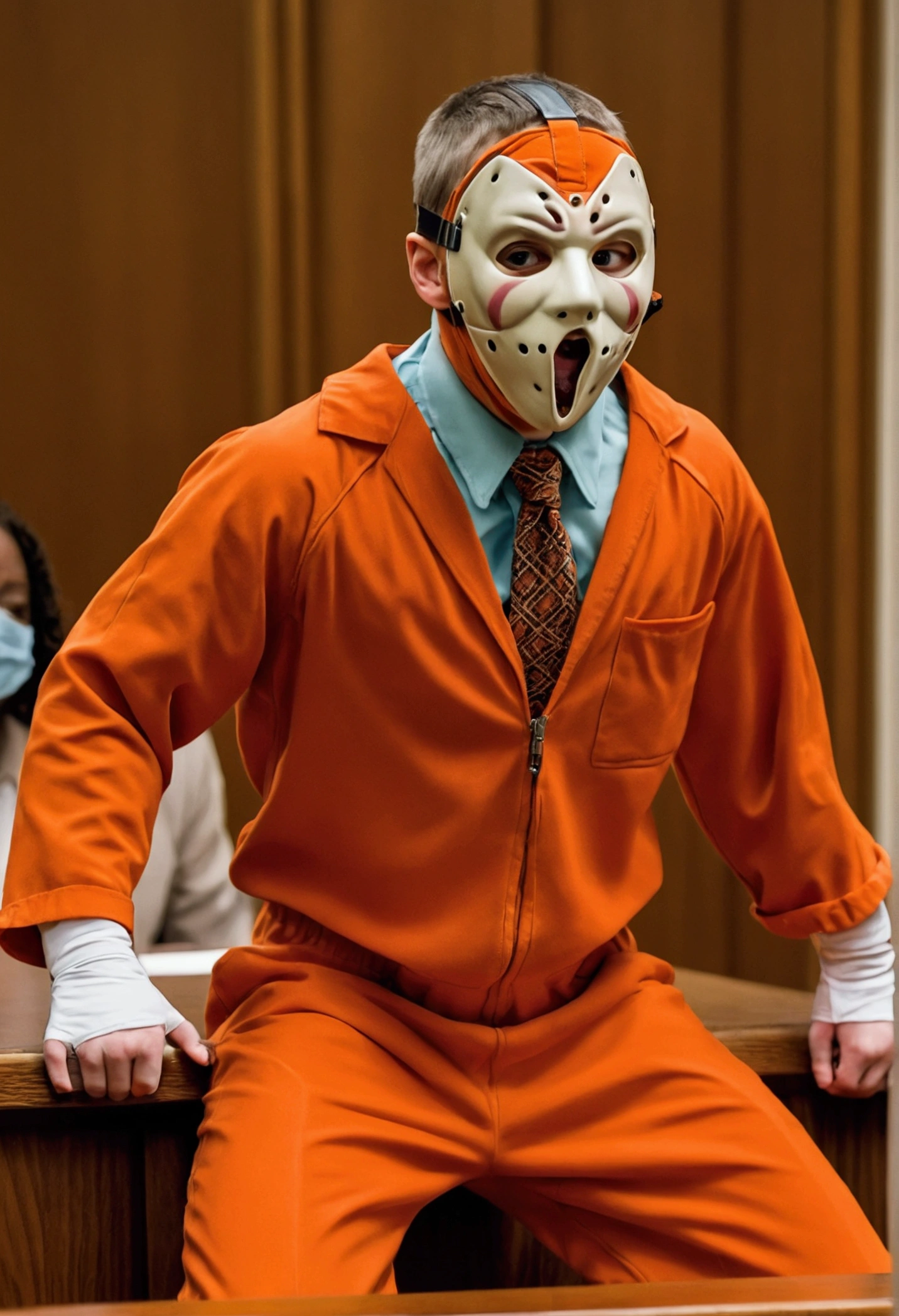 Screaming white Teenage killer in orange jump suit in court with mask on, crazy kid with Hannibal lector mask on acting crazy in courtroom, court scene, evil kid with mask laughing in courtroom,