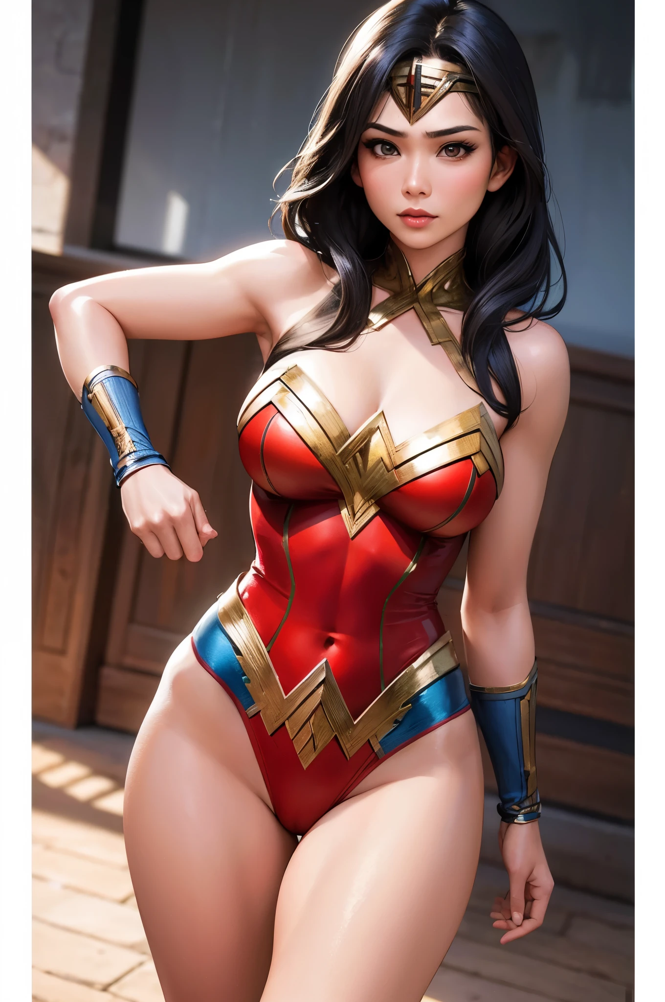 photorealistic, high resolution, 1women, solo, hips up, look at viewer, exotic, athletic and fit body, (detailed face), wonder woman Indonesian costume, Indonesian Woman, Indonesian Culture