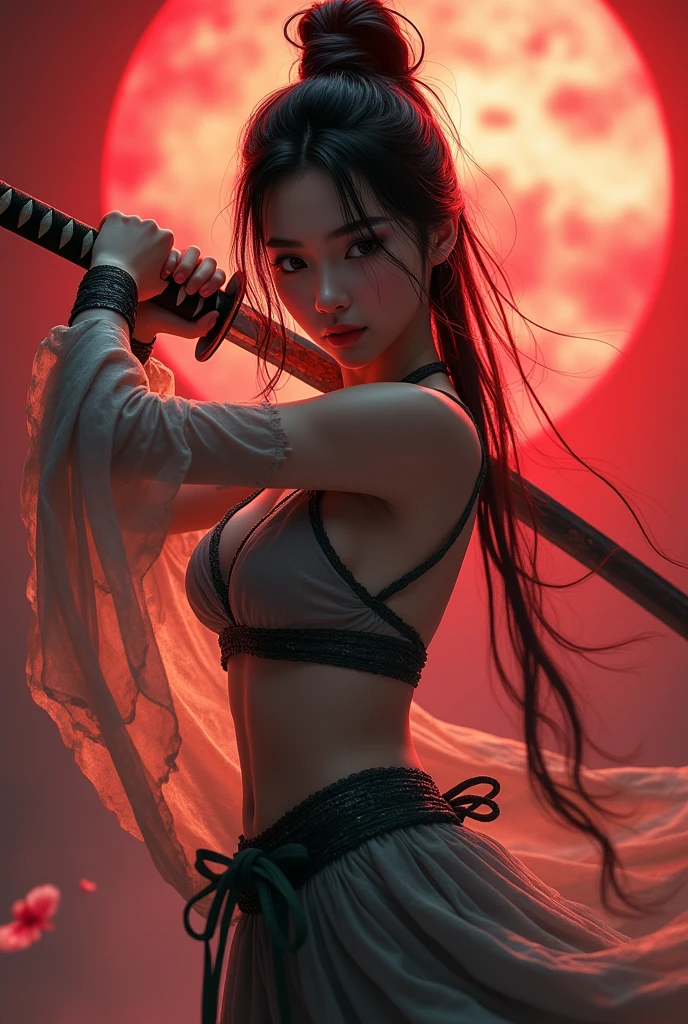 A girl wielding Japanese sword,  ((masterpiece, Highest quality, Best image quality, High resolution, Realistic, RAW Photos, 8k)), ((Highly detailed CG synthesis 8k wallpaper)), (Huge and stunning goddess shot, Incredible beauty, Perfect Proportions, Beautiful body, Slim body beauty:1.4), A girl wielding Japanese sword, Movie Posters, (Japanese sword:1.5),