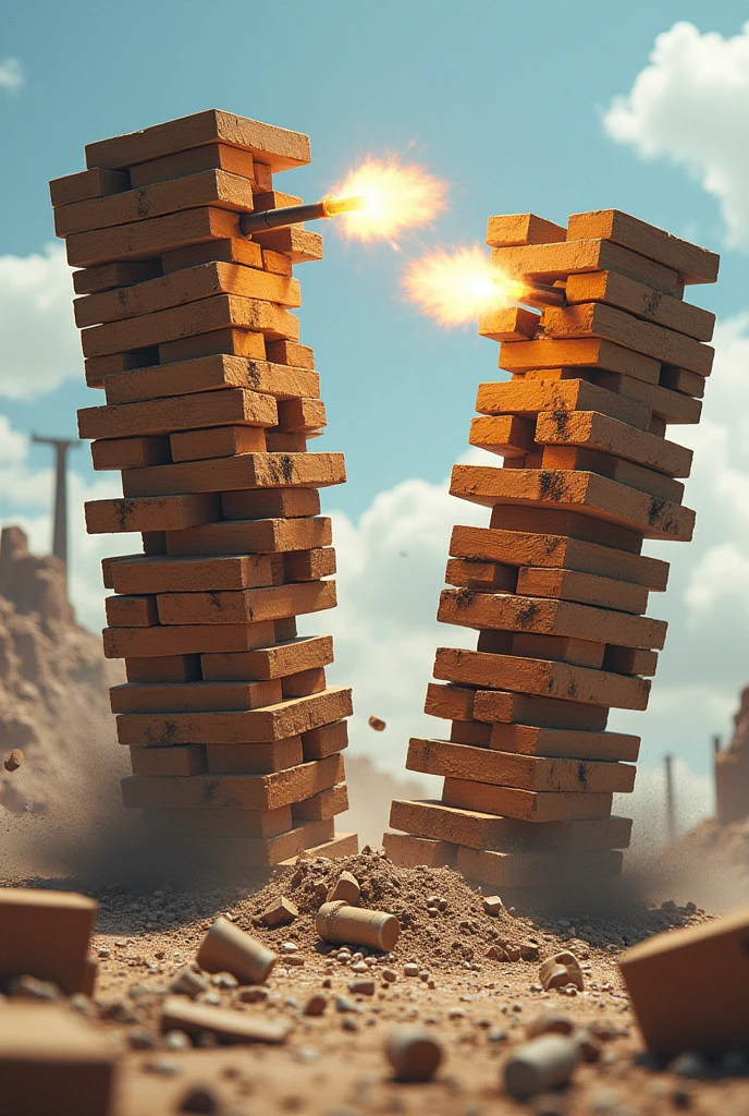 Ballistic warfare between 2 semi-destroyed jenga towers
