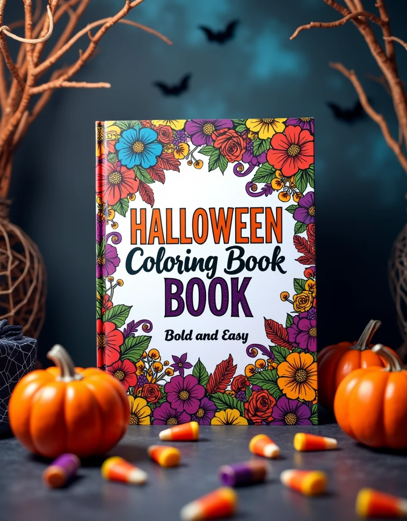 A vibrant imagen showing the square cover mockup(8,5x8,5 inch) of the "Halloween Coloring Book: Bold and Easy" prominently in the center. Surround the book with halloween-themed items like small pumpkins, Candy corn, and colorful markers or crayons. The background should be dark and slightly Spooky, but no too scary, with subtle spiderwebs and bats in the corners to emphasize the Halloween theme. The title of the book should be clearly visible, with a few of the 40 illustrations peeking out as a preview.