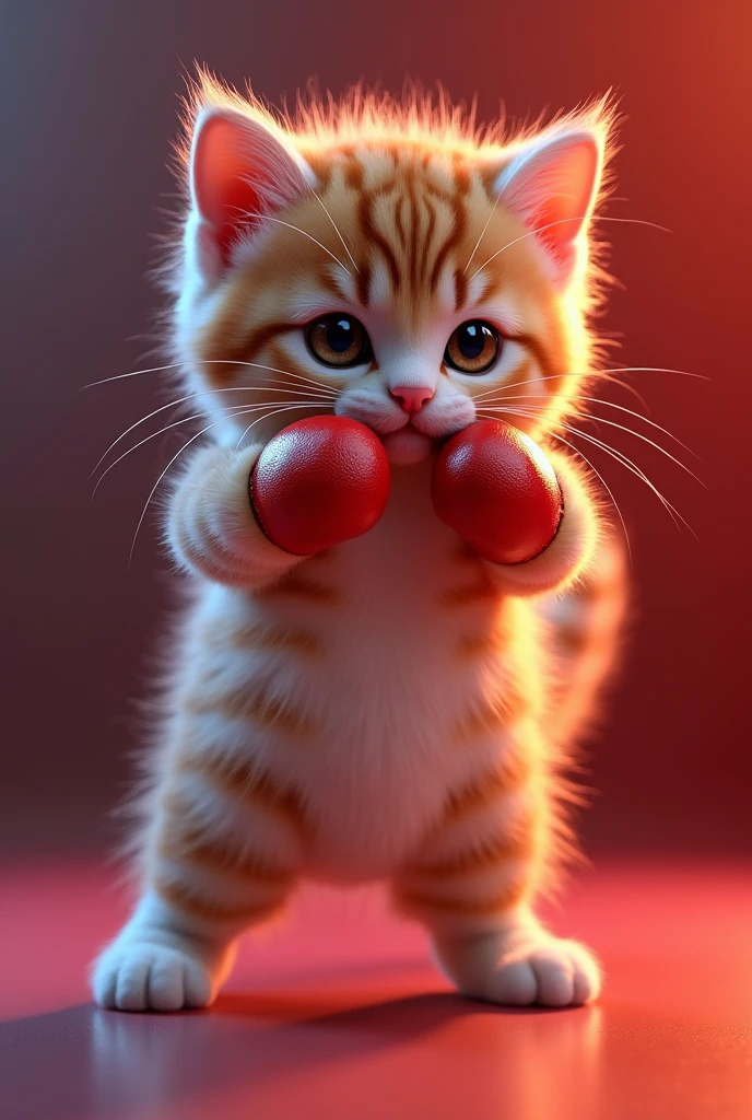 cinematic,cute kitten,standing pose,dancing,3D render,boxing,ultra-detailed,realistic,photorealistic,HDR,studio lighting,octane render,8K,vibrant colors,dramatic lighting,dynamic action,elegant movement,whimsical expression,fluffy fur,adorable eyes,detailed facial features