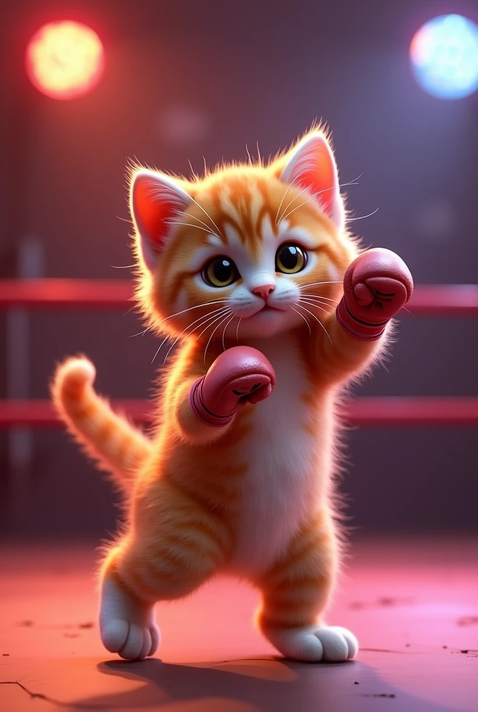 cinematic,cute kitten,standing pose,dancing,3D render,boxing,ultra-detailed,realistic,photorealistic,HDR,studio lighting,octane render,8K,vibrant colors,dramatic lighting,dynamic action,elegant movement,whimsical expression,fluffy fur,adorable eyes,detailed facial features