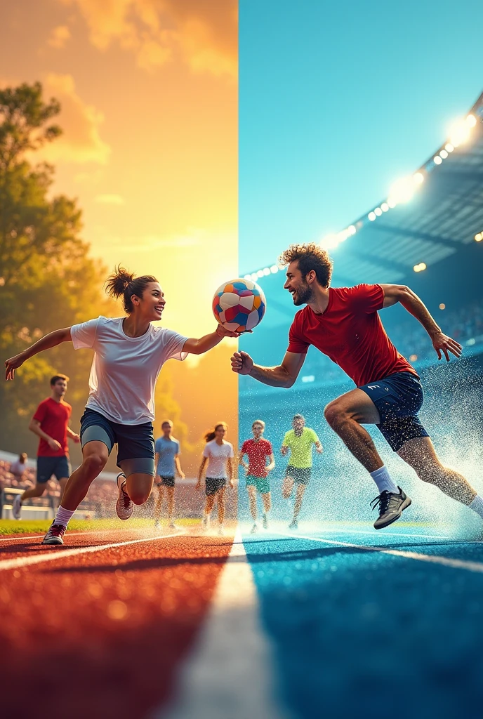 create a slide cover divided in half by a recreational sport and a high-performance sport with the sheet lying down