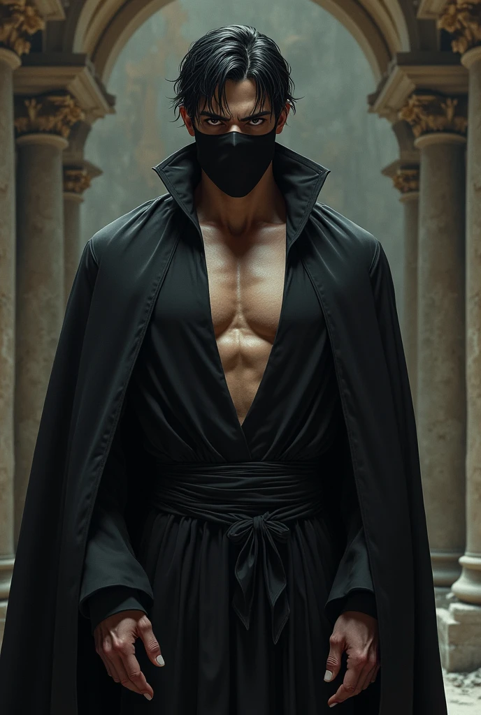 prince. He has a lost look, a sorrow hovers in his soul. She wears a black silk robe that falls over her chest. inside a desolate palace. His hair is black and his eyes look with rage and desire. Aligned eyebrows, straight jaw. wide back. Short and black hair. with black mask in his mouth. He is twenty four years.