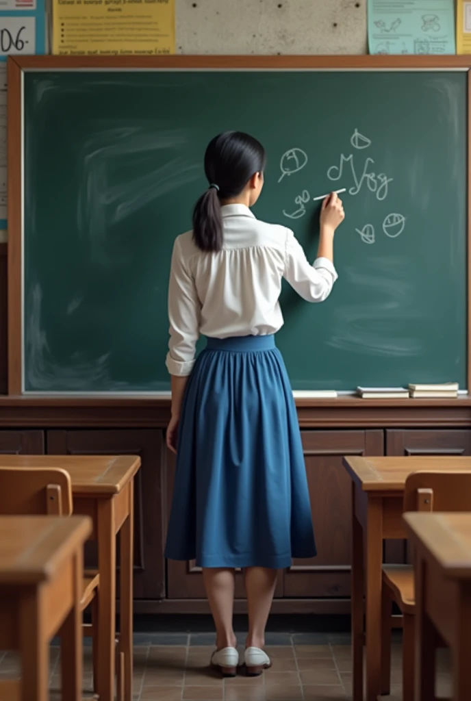 Teacher from behind wearing a blue skirt and white blouse writing on the board