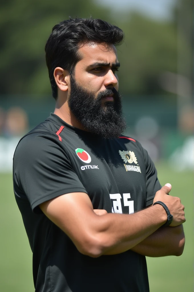 Men with beard watching pak vs Bangladesh test match cigarettes in hand wearing test kit of PCT name behind zuhaib