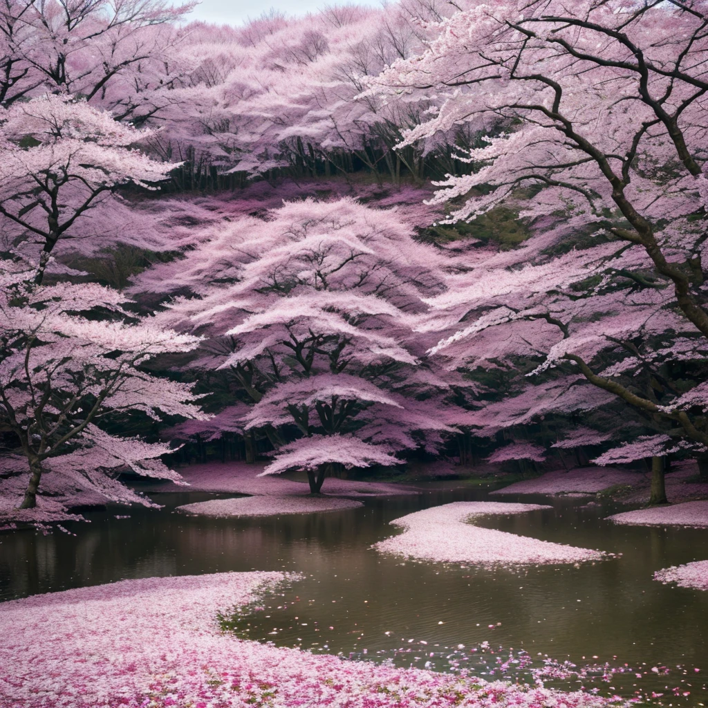 Magical and mysterious forest full of cherry trees and petals on the ground
