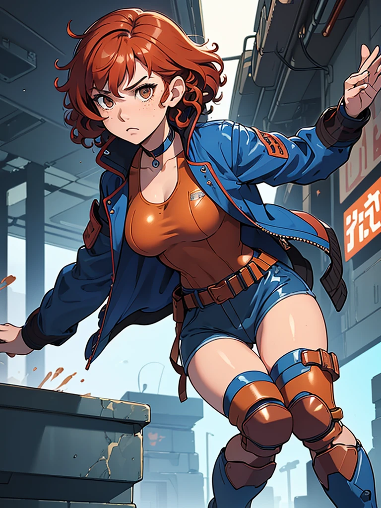 (masterpiece), (best quality), (1girl), (adult), (copper red hair), (curly hair), (short hair), body figure, small breasts, (brown eyes), freckles, (blue cyberpunk outfit), (blue jacket),( blue battle outfit),(badass outfit),boots, black choker, legs, (white knee guards)