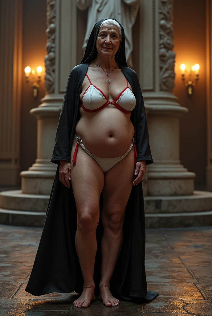 elderly 80yo woman on an old churche, dressed as a latex nun , white red latex bikiny, a joking smile, marble statue, dark octane render, candle lamp lighting, baroque, european, mandala, side view from below, anatomically correct, big full breasts, look at horny,spread legs wide, muscle body, super detailed.