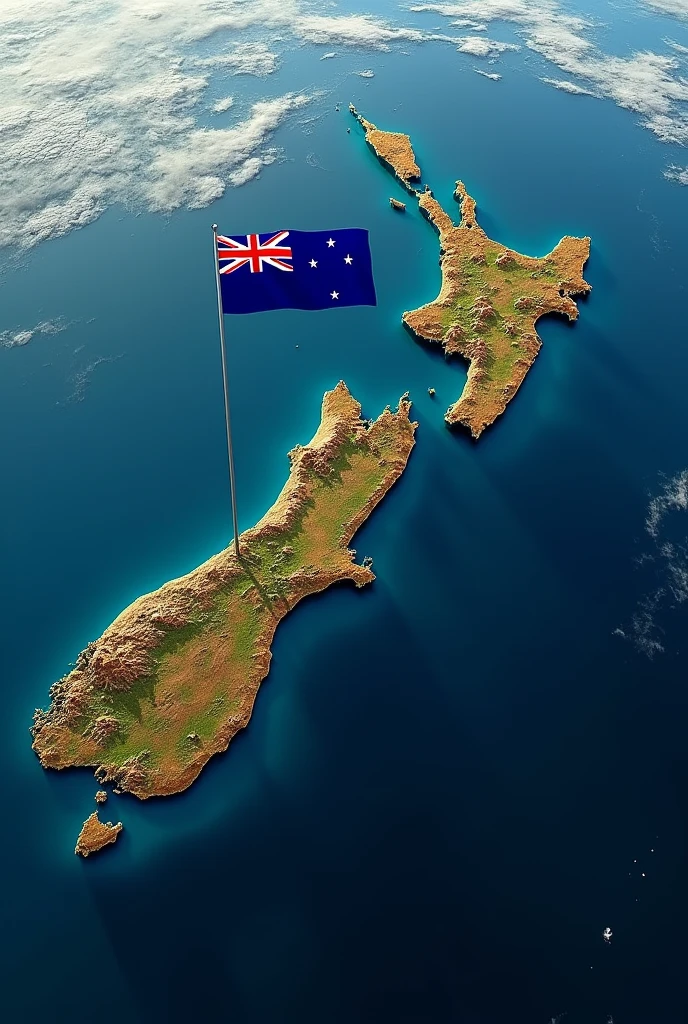 Highlight the new zealand map from google earth with new zealand flag and ocqan around it 