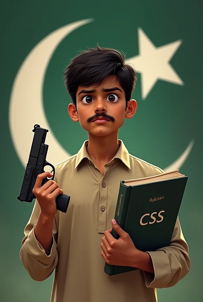A ager boy holding gun and books with CSS written on it.He is looking confused.He is a south Asian boy with little mustache and short hair.Keep his hair very short.Realistic gun and book with CSS written on it along with Pakistan flag. Very little mustache not manly or fully grown. He is wearing shalwar kameez.Show his peach fuzz mustache and is brown in fairness.