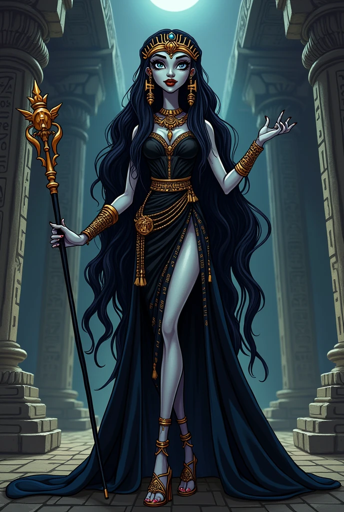 Create a redesign for Cleo De Nile [Monster High] using the gothic style with Cleopatra's clothes from Ancient Egypt [Cartoon Style]