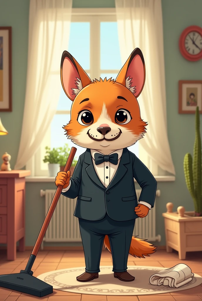 A CARTOON OF AN ANIMAL WITH THE FACE OF A BUTLER DOING THE CLEANING SHOWING A TRUSTWORTHY PERSONALITY