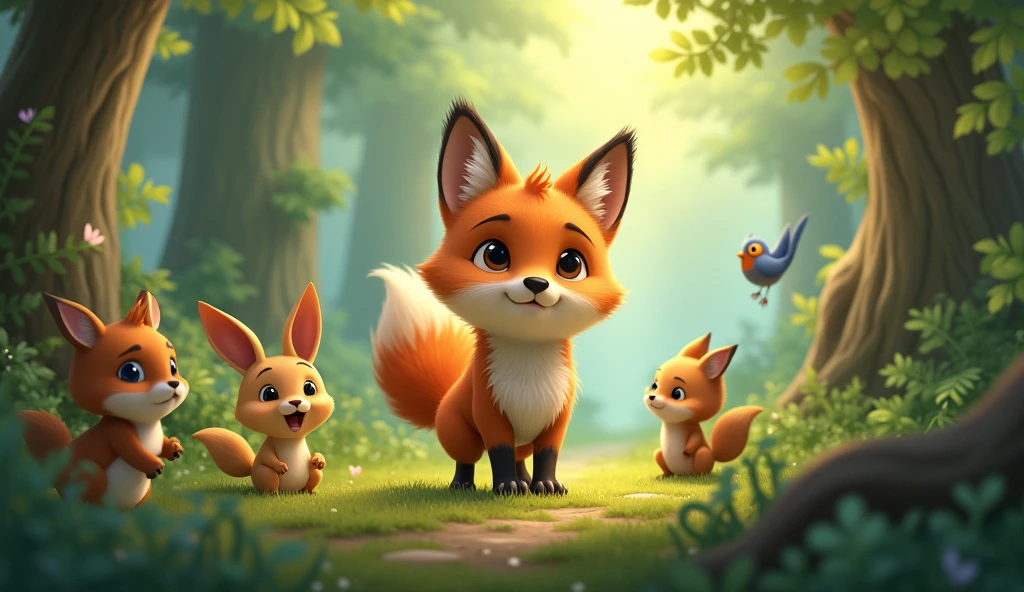 Little fox while walking in the forest lost he met a bunny, a squirrel and a little bird.