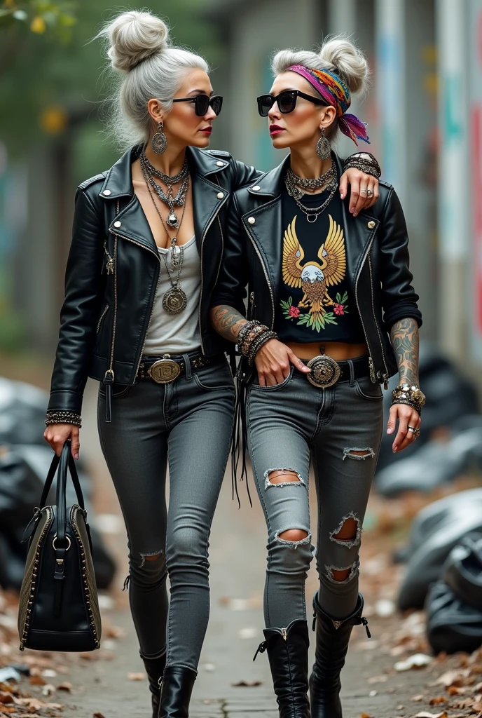 Two russian old milf women, one with the arm over the shoulder of the other. grey hair (one: bouffant, top bun. The other, straight and middle part}and one wearing oversized square sunglasses and wide colourful bandana as headband), with very light green eyes, extremely pale. Big lips. No tan. Wearing aged black moto jacket (zippers on the side, skull and bones pins). Both: same old worn cropped t-shirt with spread wings eagle holding a oak leaves garlandlogo. Both,, dark skinny low rise grey jeans with holes on knees ( patched with colourful fabric). Both:, dark grey worn jeans {with holes on knees) tucked in black leather knee high boots. . Lots of thick wide studded bracelets, chain collars and big rings. Both, high boots. Tacky wide studded leather belt with big skull and bones oval buckle. Long earrings with chains and feathers. Walking with hands in pockets, stretching her neck, craving., Neck, chest, stomach and wrists heavily tattoed. Toned abdominals, thin neck, slim legs and thin arms. Narrow hips and slim legs. Black leather studded tote bags. Graffitied wall behind, waste on the groun and piled garbage bags around.