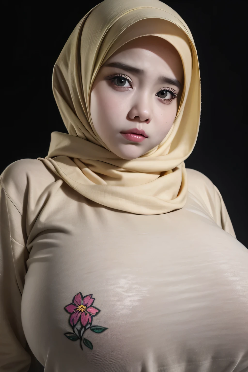 Jumbo (Oversized Clothes), Chubby adorable, 1 girl, (face to face), , baby face, angry face expression, half body portrait, (face details: 1), (eye details: 1), ((big breasts)). wearing transparent transparency soft long shirt, hijab, .. Cute posed. proportional body. Ultra High Res. realistic: 1.4, UHD, ((flowers pattern)), ((Bigger:2.3)), (((DARK BACKGROUND)))