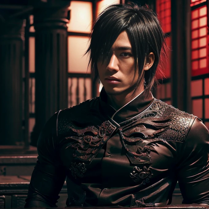 1 man, Japanese man, male, Asian eyes, muscular, broad shoulders, dragon,hairstyle Visual Kei style, hair Visual Kei, black men's shirt and black pants, ultra detailed face, hyperrealistic, realistic representation, 30 years old!,age 30 years! Blonde hair, long hair.