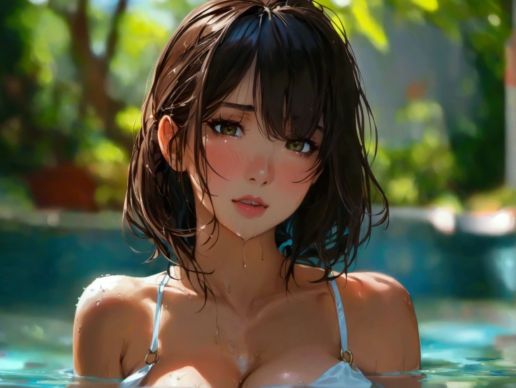 medium close-up, cleavage,nipples visible, nice tits, Joyuri, jo yuri, Yuri, ((Best quality, 8k, Masterpiece :1.3)), 1girl, Pretty woman with emphasizing slender abs :1.3, (Dark brown hair, Ponytail, Huge breasts :1.2), Wet body:1.2, Pool, Ultra-detailed face, Detailed eyes, Double eyelid