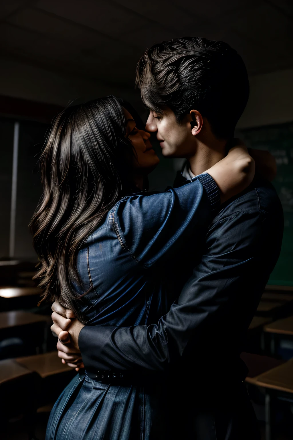 3 man and woman, teachers, dating hugging each other in a classroom, dark, romantic environment