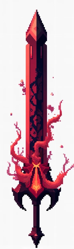 A sword projectile in the style of a pixel drawing, made from a solid blood crystal in which vessels of black void are present