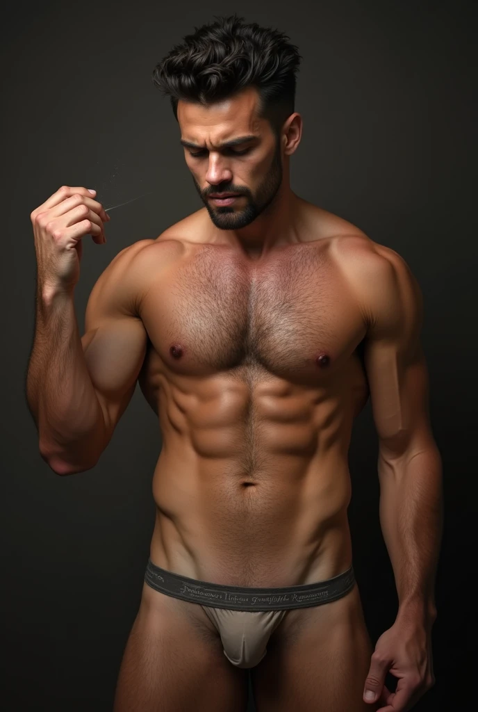 A hot man holding his erect penis, realistic, hairy, cute yet hot, horny, in only a semi transparent underwear