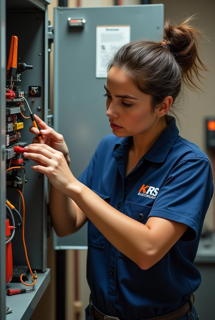 A real young women working on electrical distribution box wiring with power tool like piler and crimping machine, screw driver, multimeter with Symbol written on his shirt “KRS electrical”