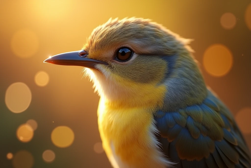 A mesmerizing close-up portrait of a gorgeous little bird illuminated by the soft, golden light of a tranquil morning, detailed background with vibrant bokeh balls gently framing its delicate form. 