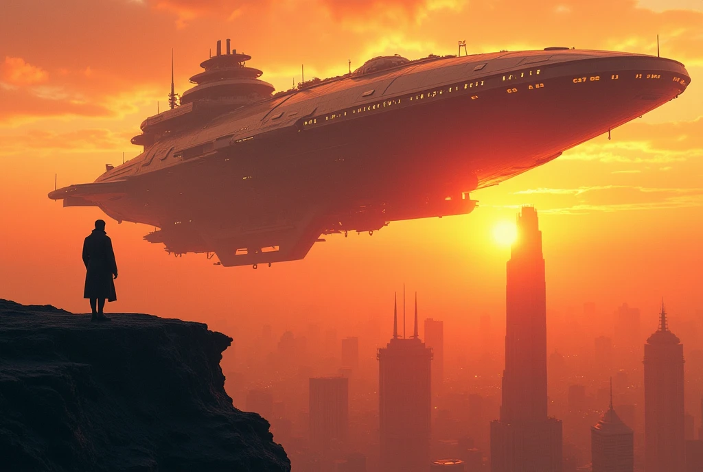 An expansive science fiction scene set during a vibrant sunset, featuring a massive, futuristic spaceship hovering above a sprawling, dystopian cityscape. The sky is bathed in shades of orange and gold as the setting sun dominates the horizon. The spaceship is sleek and colossal, with intricate details, glowing lights, and a sense of advanced technology. Below, a lone figure in a long coat stands on a cliff, gazing up at the ship, adding a sense of scale and wonder to the scene. The city in the background is filled with towering, sharp-edged skyscrapers, their silhouettes cutting into the fiery sky, creating a dramatic contrast. The atmosphere is charged with anticipation and the beauty of a sci-fi world in transition. Intricate details, depth of field, sharp focus, Cinematic natural Lighting, Deep Focus, f/22, Cinematic film still, shot on Sony a7R V, film grain, color graded, post-processed, cinematic lighting, 35mm film, best quality