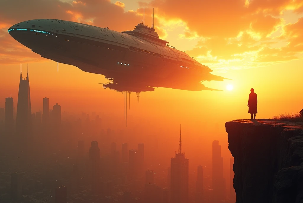 An expansive science fiction scene set during a vibrant sunset, featuring a massive, futuristic spaceship hovering above a sprawling, dystopian cityscape. The sky is bathed in shades of orange and gold as the setting sun dominates the horizon. The spaceship is sleek and colossal, with intricate details, glowing lights, and a sense of advanced technology. Below, a lone figure in a long coat stands on a cliff, gazing up at the ship, adding a sense of scale and wonder to the scene. The city in the background is filled with towering, sharp-edged skyscrapers, their silhouettes cutting into the fiery sky, creating a dramatic contrast. The atmosphere is charged with anticipation and the beauty of a sci-fi world in transition. Intricate details, depth of field, sharp focus, Cinematic natural Lighting, Deep Focus, f/22, Cinematic film still, shot on Sony a7R V, film grain, color graded, post-processed, cinematic lighting, 35mm film, best quality
