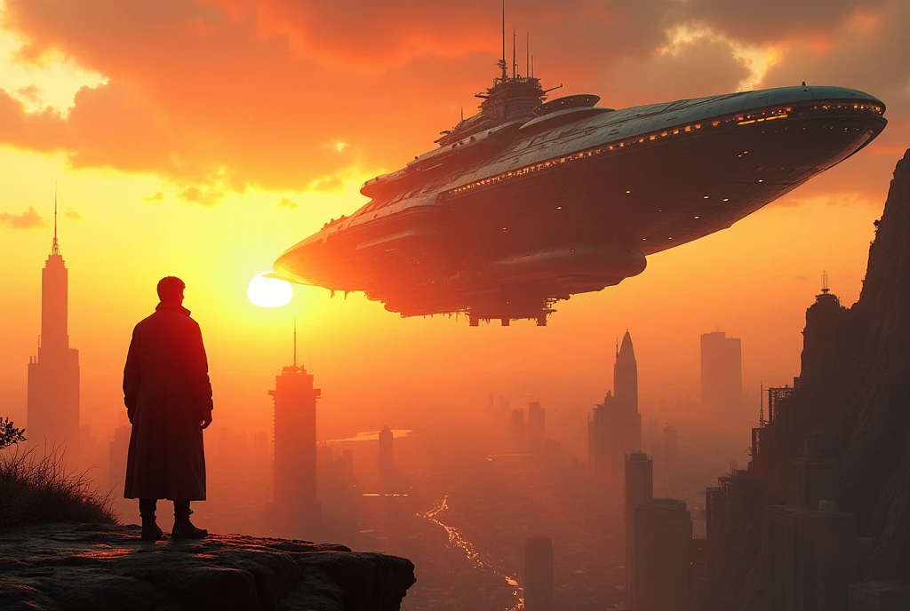 An expansive science fiction scene set during a vibrant sunset, featuring a massive, futuristic spaceship hovering above a sprawling, dystopian cityscape. The sky is bathed in shades of orange and gold as the setting sun dominates the horizon. The spaceship is sleek and colossal, with intricate details, glowing lights, and a sense of advanced technology. Below, a lone figure in a long coat stands on a cliff, gazing up at the ship, adding a sense of scale and wonder to the scene. The city in the background is filled with towering, sharp-edged skyscrapers, their silhouettes cutting into the fiery sky, creating a dramatic contrast. The atmosphere is charged with anticipation and the beauty of a sci-fi world in transition. Intricate details, depth of field, sharp focus, Cinematic natural Lighting, Deep Focus, f/22, Cinematic film still, shot on Sony a7R V, film grain, color graded, post-processed, cinematic lighting, 35mm film, best quality