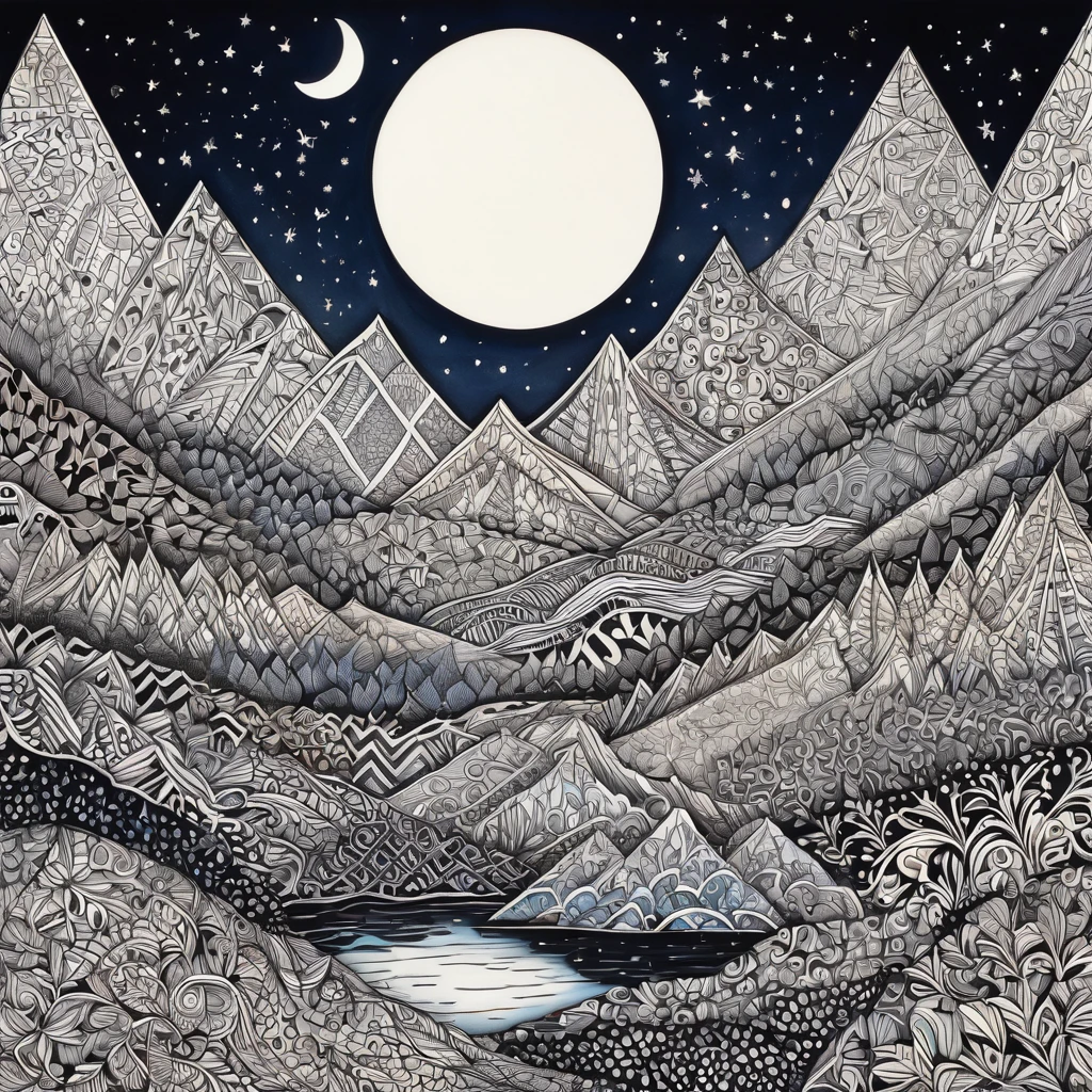 ((O rosto de Zentangle Mary)). (best qualityer,4K,high resolution,work of art:1.2),ultra detali,(realisitic:1.37), zentangle lines,See in one (((Zentangle style))), zentangle twinkling stars,detailed pastel tones zentangle,soft tone colors, zentangle dreamlike atmosphere, zentangle zigzag patterns,Sharp lines,Black and white combination,tangled water,surrealisitic, night sky zentangle,,contrast between lights and shadows,creativity,Unique style,meticulous attention to detail,expressive traits,mysterious vibrations,imagination,enchanted scene,Nightlife,thousands of cookie monsters,creative interpretations,symmetry of nature,zigzag roofs,Shiny skyscrapers,pastel color palette,zentangle influences,natural landscape at night,tranquil atmosphere,moonlit scenery.