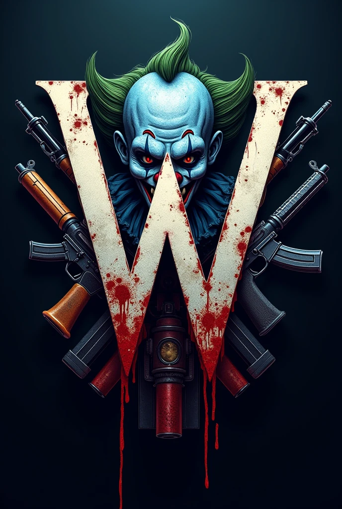 A logo that has the letter W that has blue color, white, black and gold with call of duty game theme carrying classic weapons with a bloody and macabre clown face behind with classic weapons
