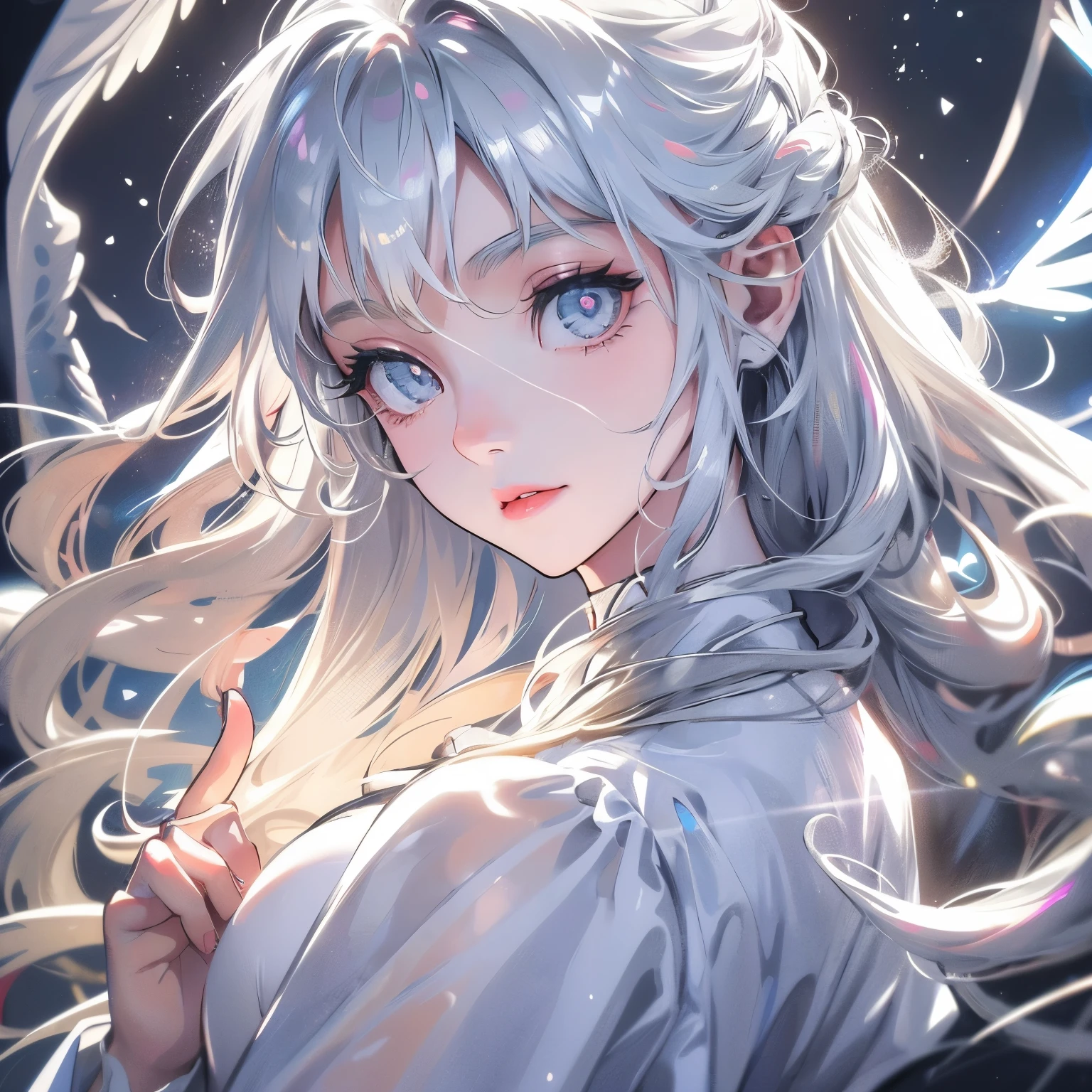 closeup potrait of a young teenage angel, eyes glowing with bright silver light, white aura, long hair, silver hair, glowing around her, silver light, angels