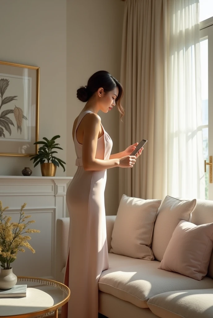 Let's include a person in the scene. Imagine a woman with a sophisticated style, with a keen aesthetic sense, working on decorating your home. She's in the center of the room, adjusting a piece of art or rearranging some cushions on the sofa.
She wears an elegant outfit, maybe a simple and sophisticated dress, that reflects your good taste. Her hair is styled in a classic way, and she has an expression of concentration and satisfaction as she works to maintain balance and harmony in the environment.
Ao redor dela, the environment is perfectly tidy and well decorated, with furniture and accessories chosen with attention to detail. The woman seems to be in control of every aspect of the space, ensuring that everything is in its proper place, reflecting your talent for creating a visually pleasing and welcoming home.