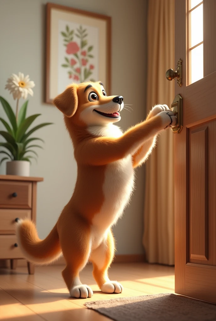A dog looking at a door on two legs