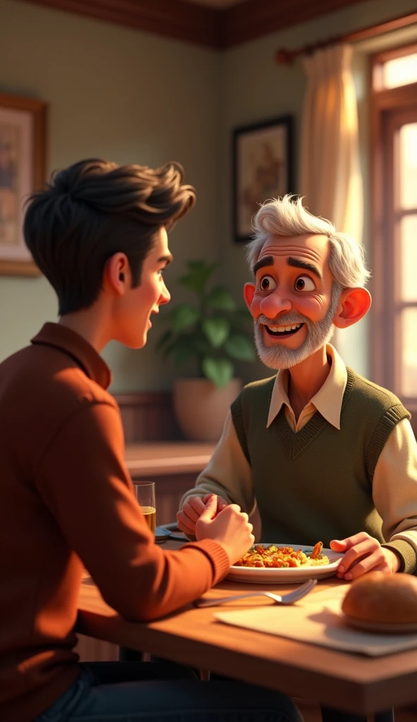 A handsome young man with his old father at a restaurant,  pixar style, cinematic, masterpiece, high-aesthetic, portrait 
