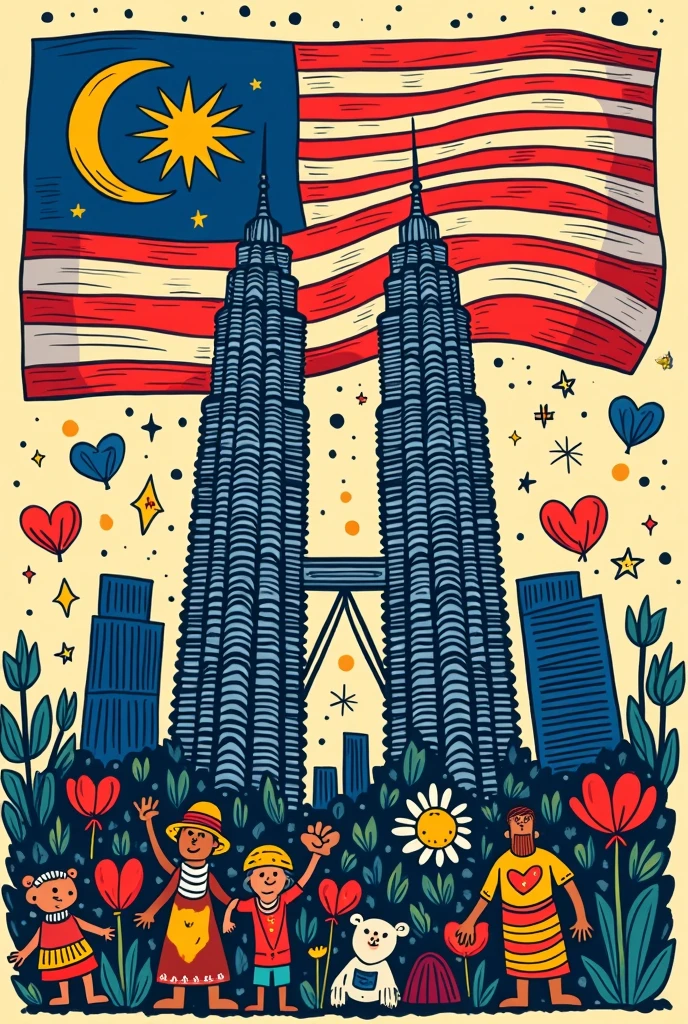 Independence doodle art poster titled Civil Malaysia with the malaysian flag, petronas twin towers